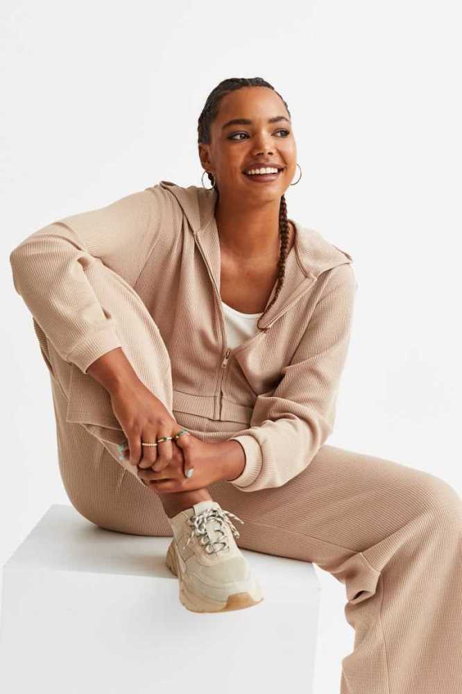 H&M Waffled Jersey Mit Kapuze Jacket Hoodie Damen Beige | 4028-EINBV