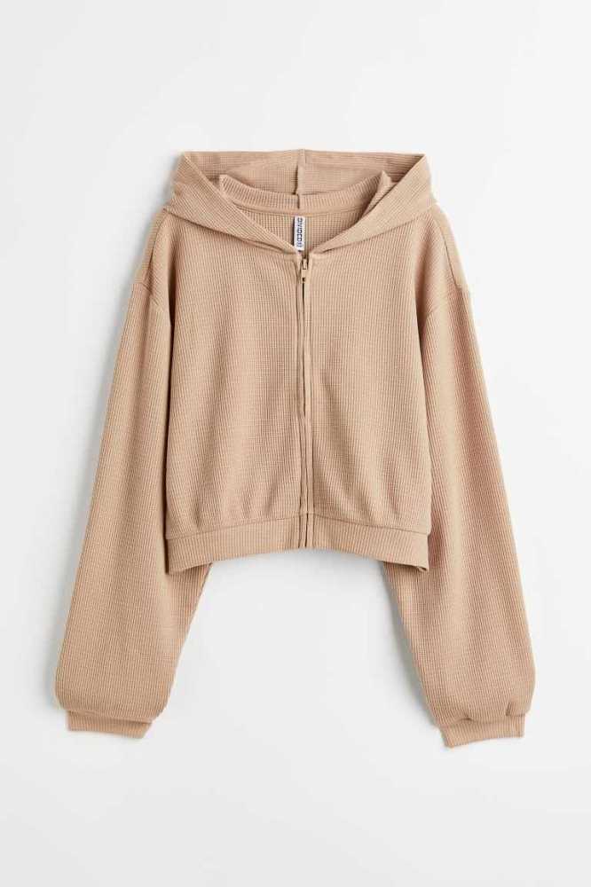 H&M Waffled Jersey Mit Kapuze Jacket Hoodie Damen Beige | 4028-EINBV