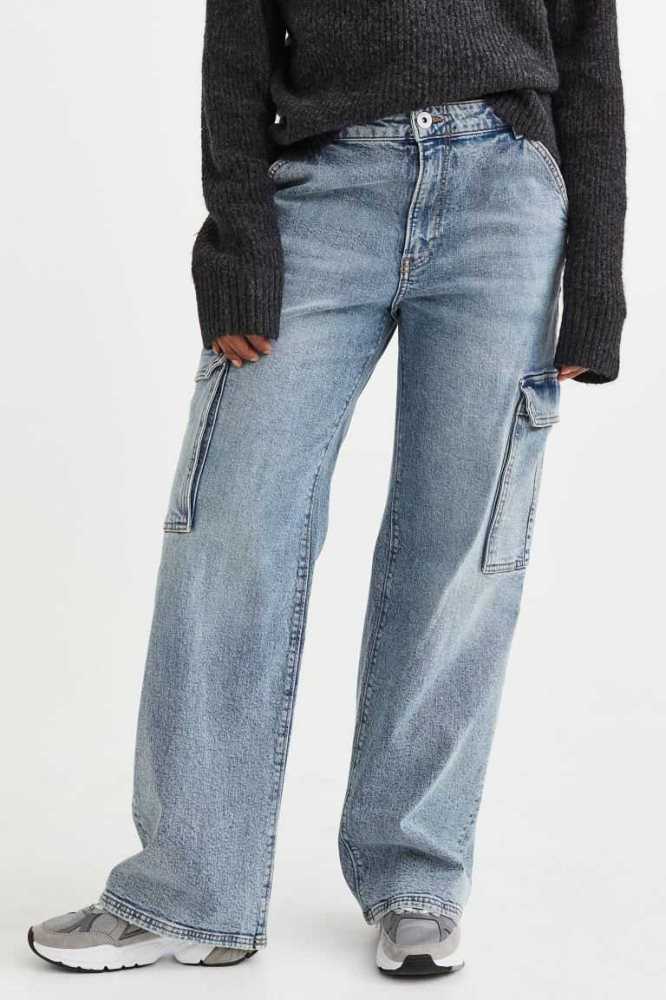 H&M Weite Regular Cargo Jeans Damen Hellblau | 6513-LSXRI