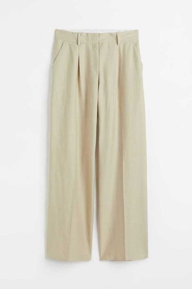 H&M Weite-leg Linen-blend Hose Damen Hellgrün Beige | 0428-FXVLA