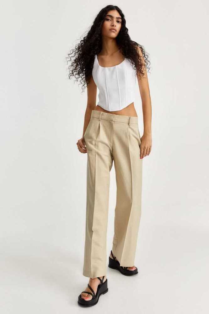 H&M Weite-leg Linen-blend Hose Damen Hellgrün Beige | 0428-FXVLA