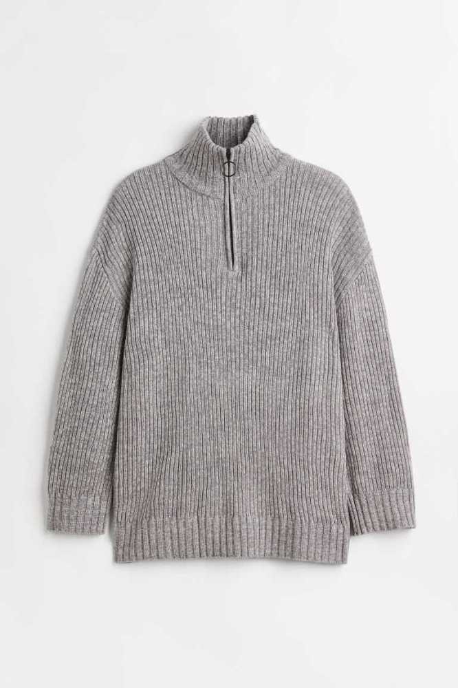 H&M Zip-top Rib-knit Pullover Damen Hellgrau | 1284-EZQHR