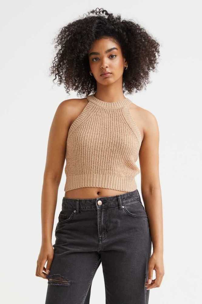 H&M Ärmellose Knit Oberteile Damen Beige | 7629-USFTB